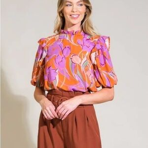 Flying Tomato Floral Blouse Ruffles Size Small Preppy Career Puff Pastel S